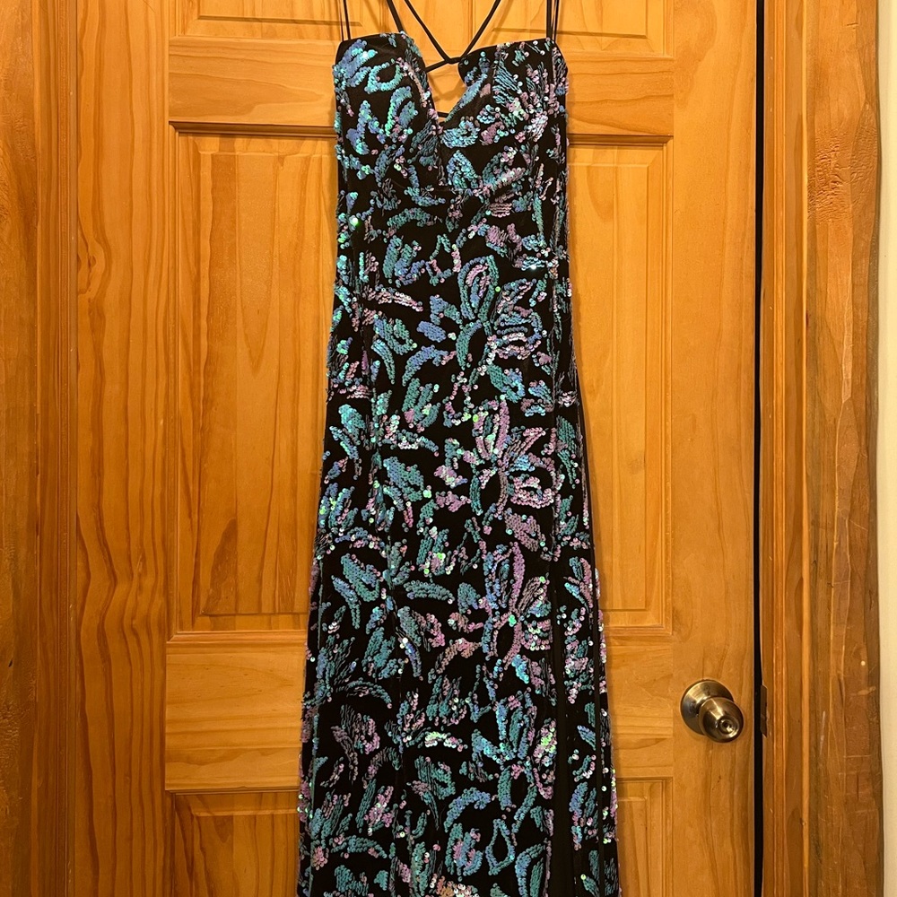 Black and Blue velvet and sequin prom dress